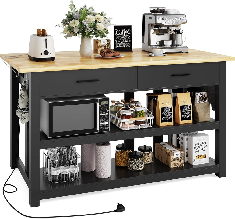 47.3" Kitchen Island with Power Outlets - Solid Rubberwood Top, Black