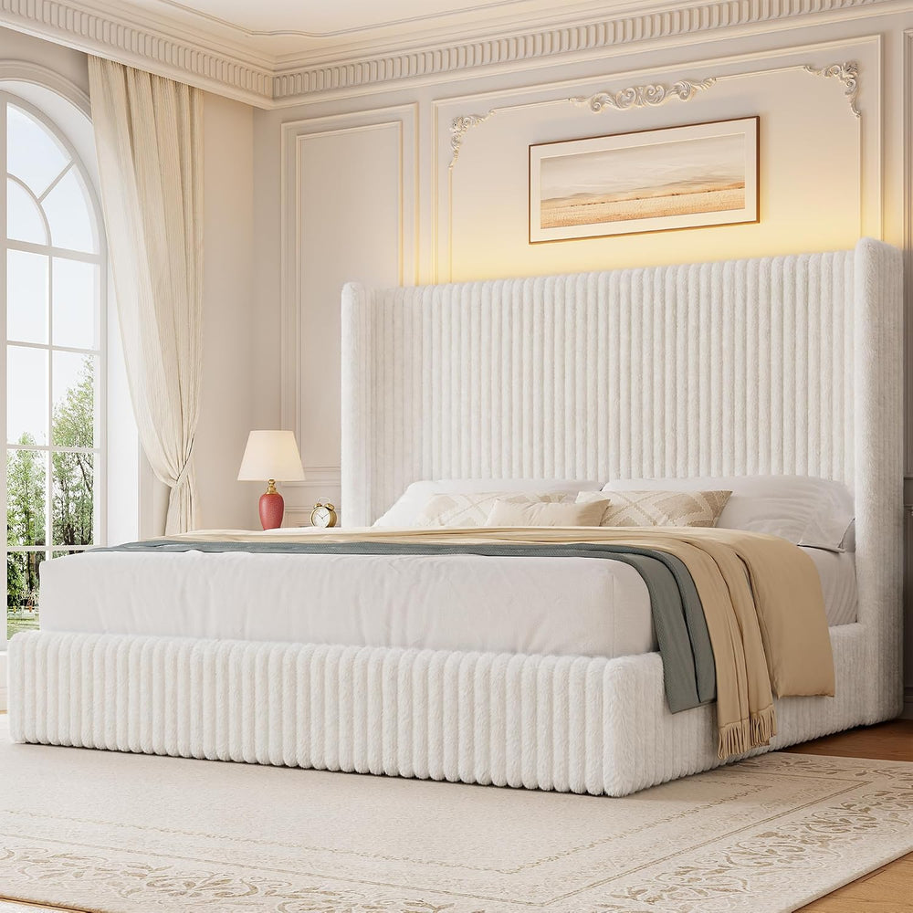 King Size 55" Tall Upholstered Bed Frame with Wingback Headboard