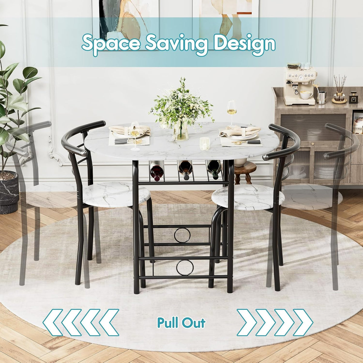 Flamaker Dining Table for 2, 3 Piece Round Table & Chair Set, White & Black | Small Kitchen Table for Breakfast Nook, Wood Grain Tabletop and Built-in Storage Rack, Space Saving for Kitchen, Dining Room