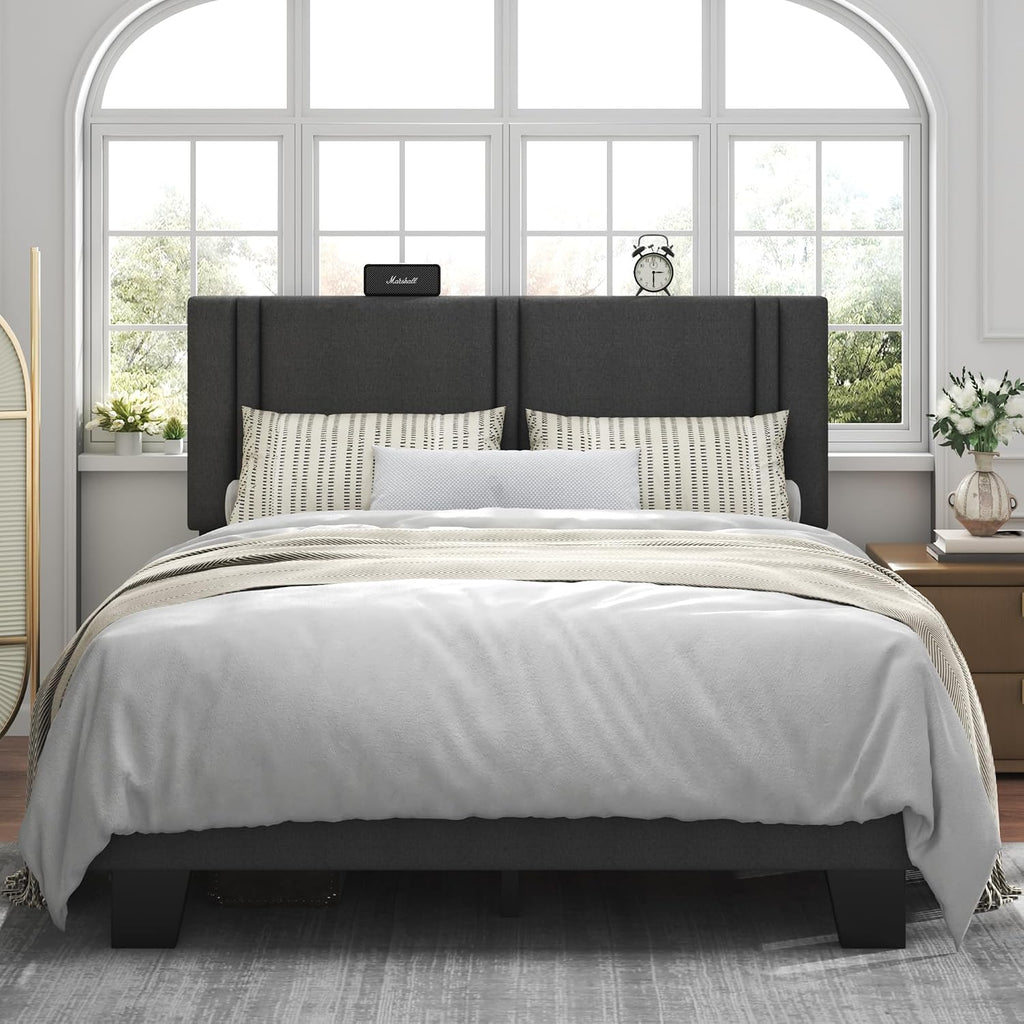 Feonase Full Size Platform Bed Frame, Fabric Upholstered Full Bed Frame, Solid Wood Slats & Heavy Duty Feet Support, No Box Spring Needed, Noise-Free, Easy Assembly, Dark Grey