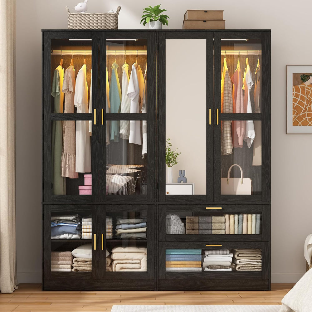 4 Doors Armoire Wardrobe Closet with LED and Mirror,71" H Freestanding W...