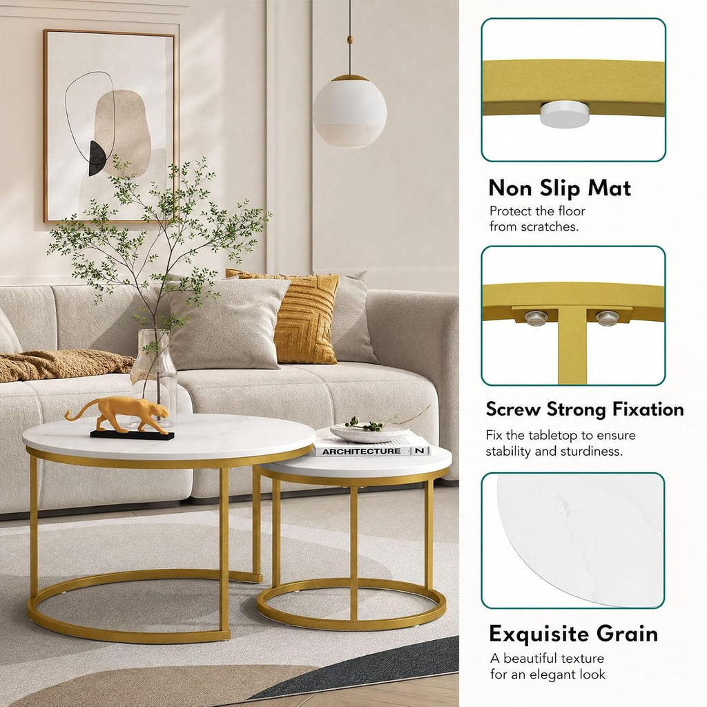 White Round Nesting Coffee Table Set of 2, Marble Pattern Top with Gold Metal Frame, 27.6" & 19.7" Nesting Side Table for Living Room, Space Saving