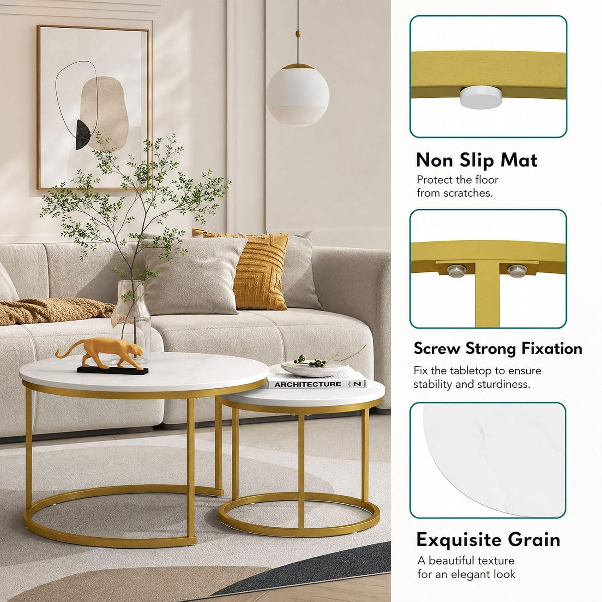 White Round Nesting Coffee Table Set of 2, Marble Pattern Top with Gold Metal Frame, 27.6" & 19.7" Nesting Side Table for Living Room, Space Saving