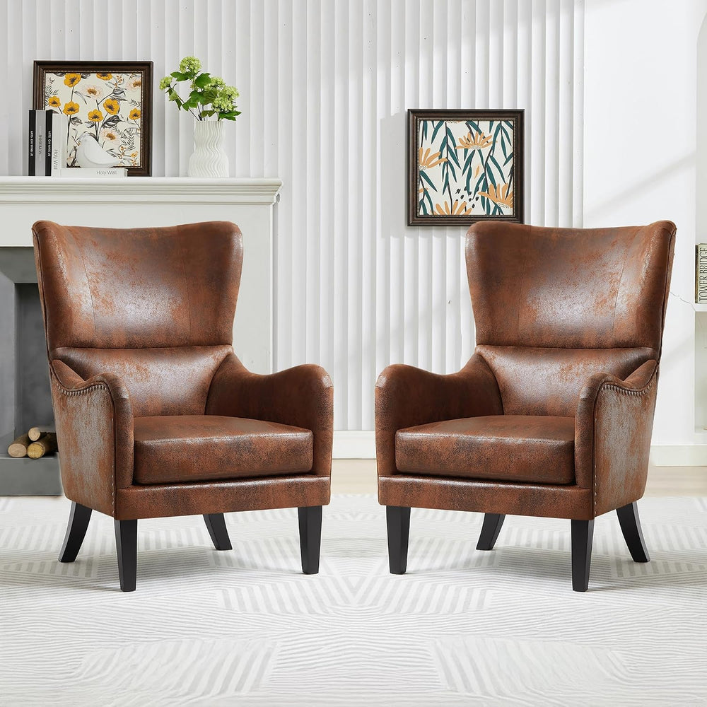 Mid-Century Modern Wingback Accent Chair, Faux Leather with Nailhead Trim
