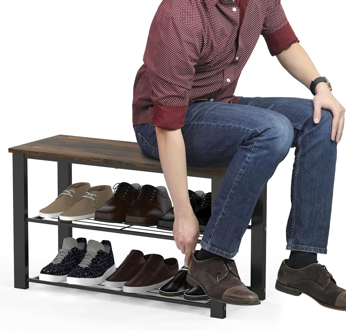 Simple Houseware Wood Top Shoe Storage Bench for Entryway, Rustic Brown