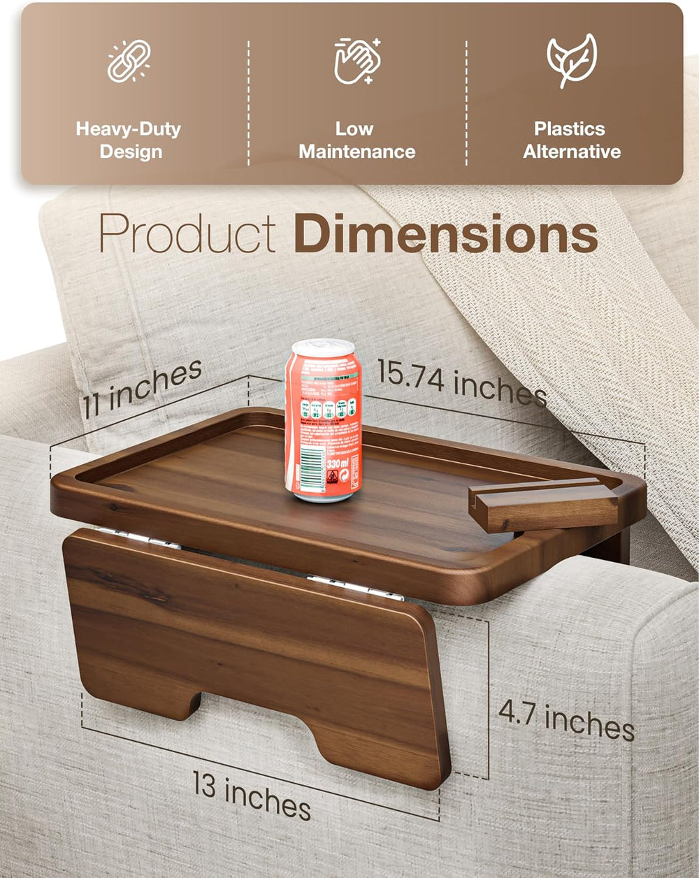 HOLANA 15.75" Acacia Couch Armrest Table with Phone Holder, Walnut Color