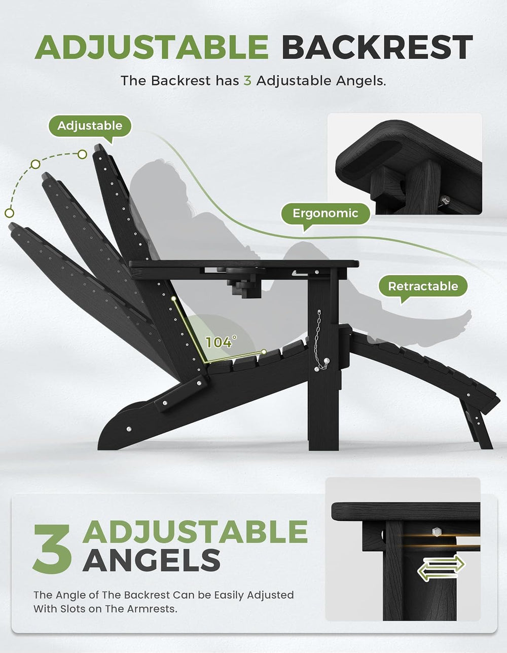 Ciokea HDPE Folding Adirondack Chair with Footrest,Black,6