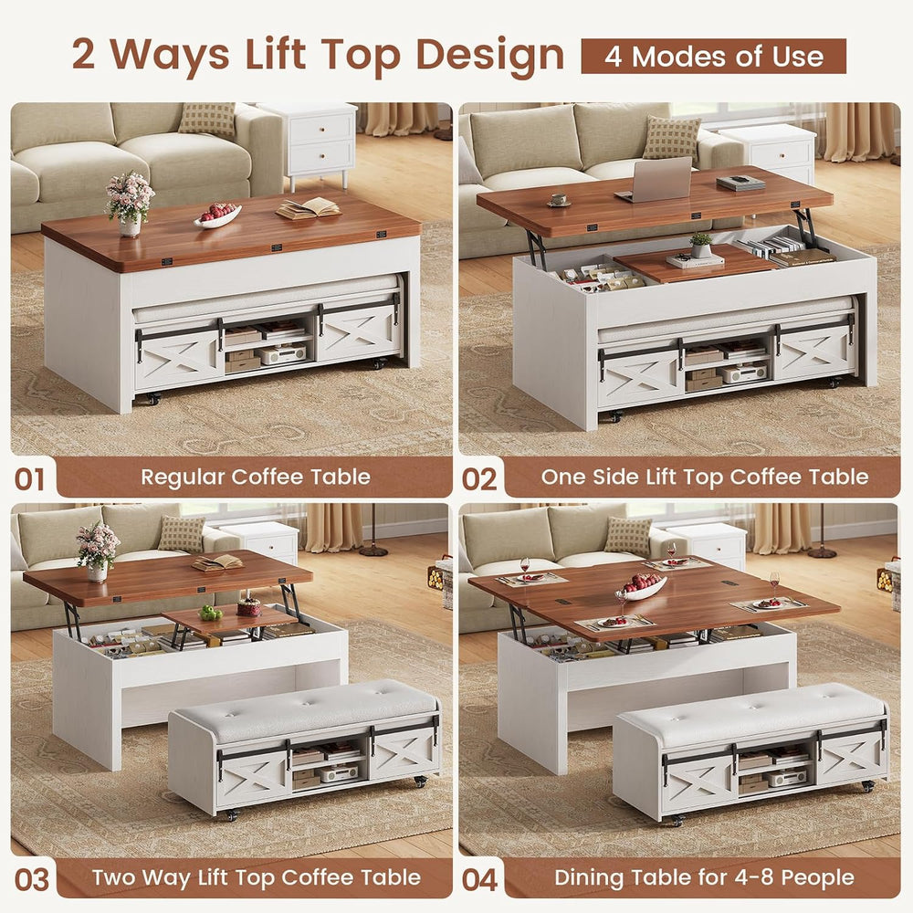 Itaar Lift Top Coffee Table with Storage Bench, Farmhouse Convertible Coffee ...