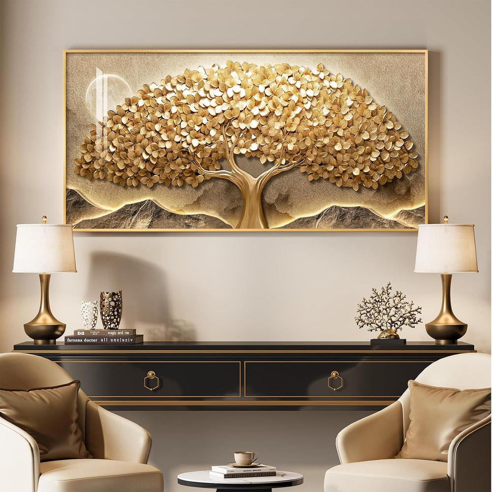 Large Framed Modern Gold Tree of Life Wall Art for Living Room, 30x60 In