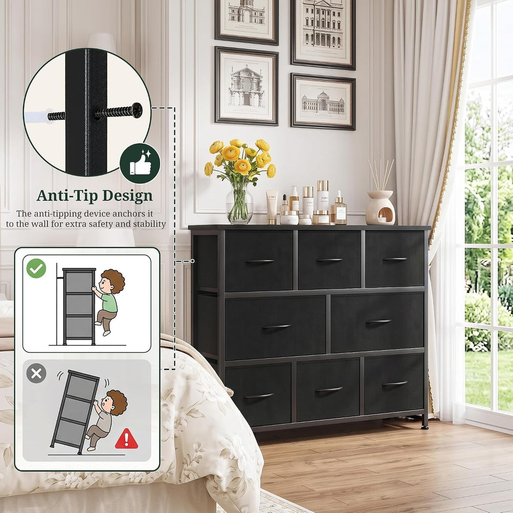 8 Drawer Dresser for Bedroom, Wide Fabric Chest of Drawers, Wood Top