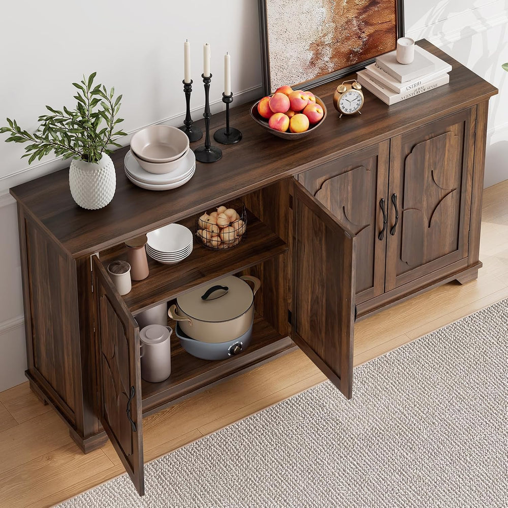 ONBRILL 63 Inch Buffet Cabinet with Storage, 4 Carved Doors, Brown