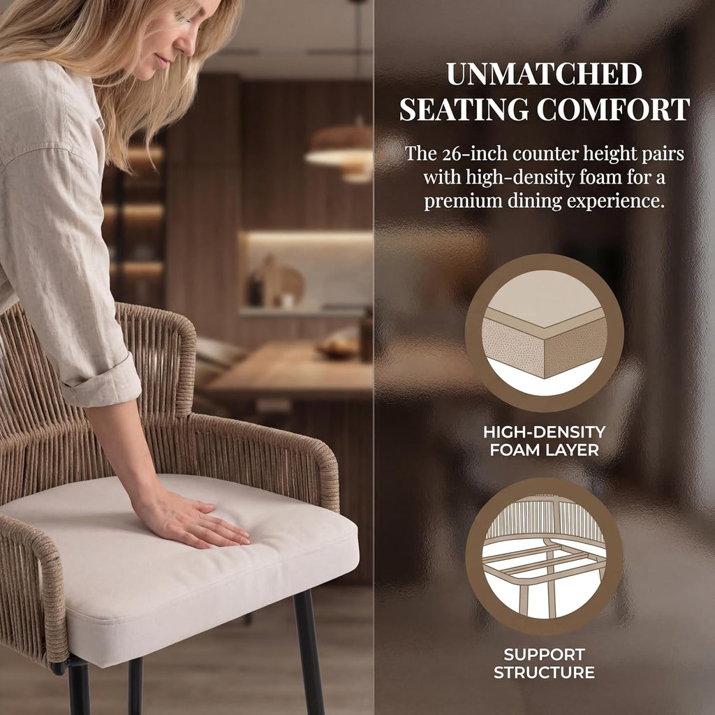 HNY Farmhouse Woven Bar Stools Set of 3, 26 Inch Linen Upholstered Rattan Barstools with Curved Backs, Modern Cane Counter Height Bar Chairs with Metal Legs and Armrest for Kitchen Island, Beige