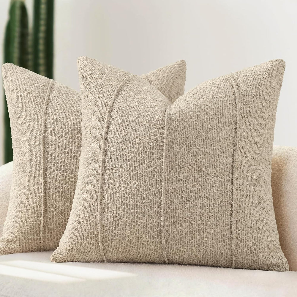 YCOLL Textured Boucle Throw Pillow Covers 22x22 Pack of 2 - Soft Neutral Stri...