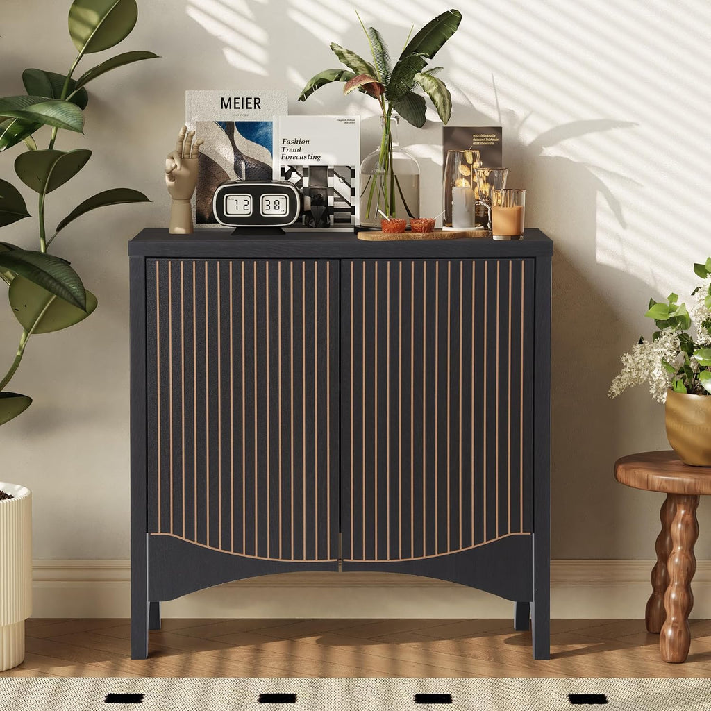 FurSch Fluted Sideboard Cabinet with Storage,Buffet Cabinet with Adjustable Shelves,Accent Storage Cabinets with Carved Arc Door Kitchen Dining Living Room (Arch Black, 2 Doors)