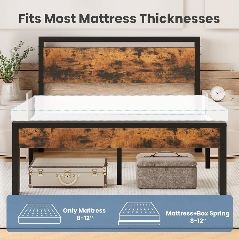 Sweetcrispy Queen 14 Inch Bed Frame with Wood Headboard, Rustic Brown