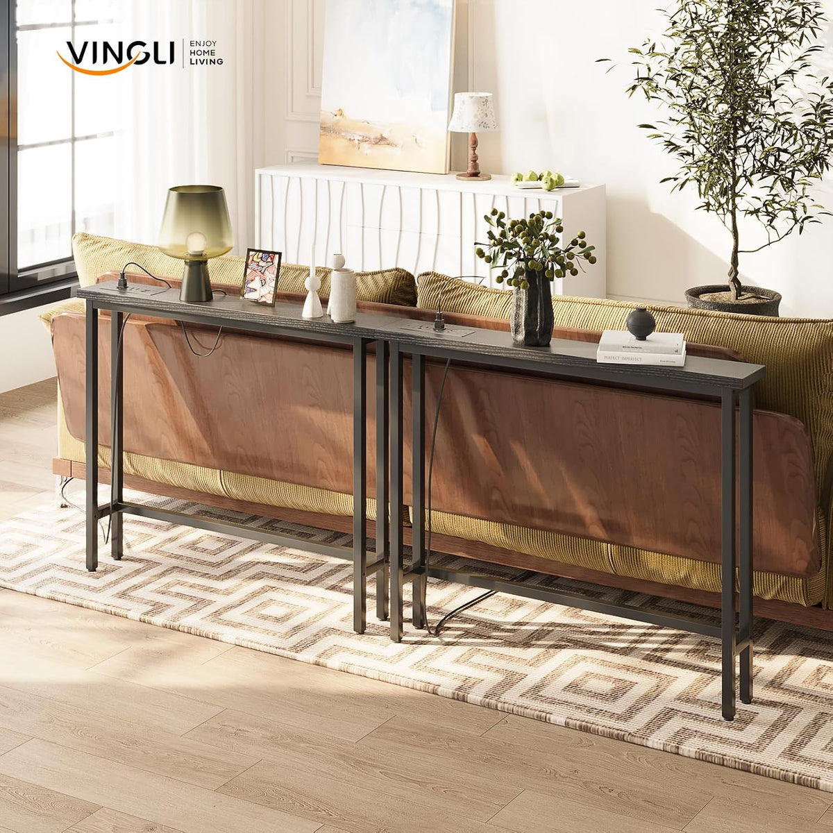 VINGLI 79" Console Table with Power Outlet, Narrow Sofa Table 2 Pack, Black