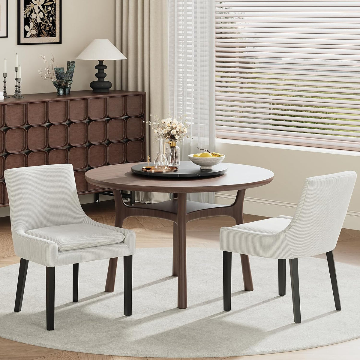 MALOL Dining Chairs Set of 2, Upholstered Corduroy Dining Room Chair with Wood Legs, Mid-Back Padded Kitchen Side Chairs for Dining Room, Beige