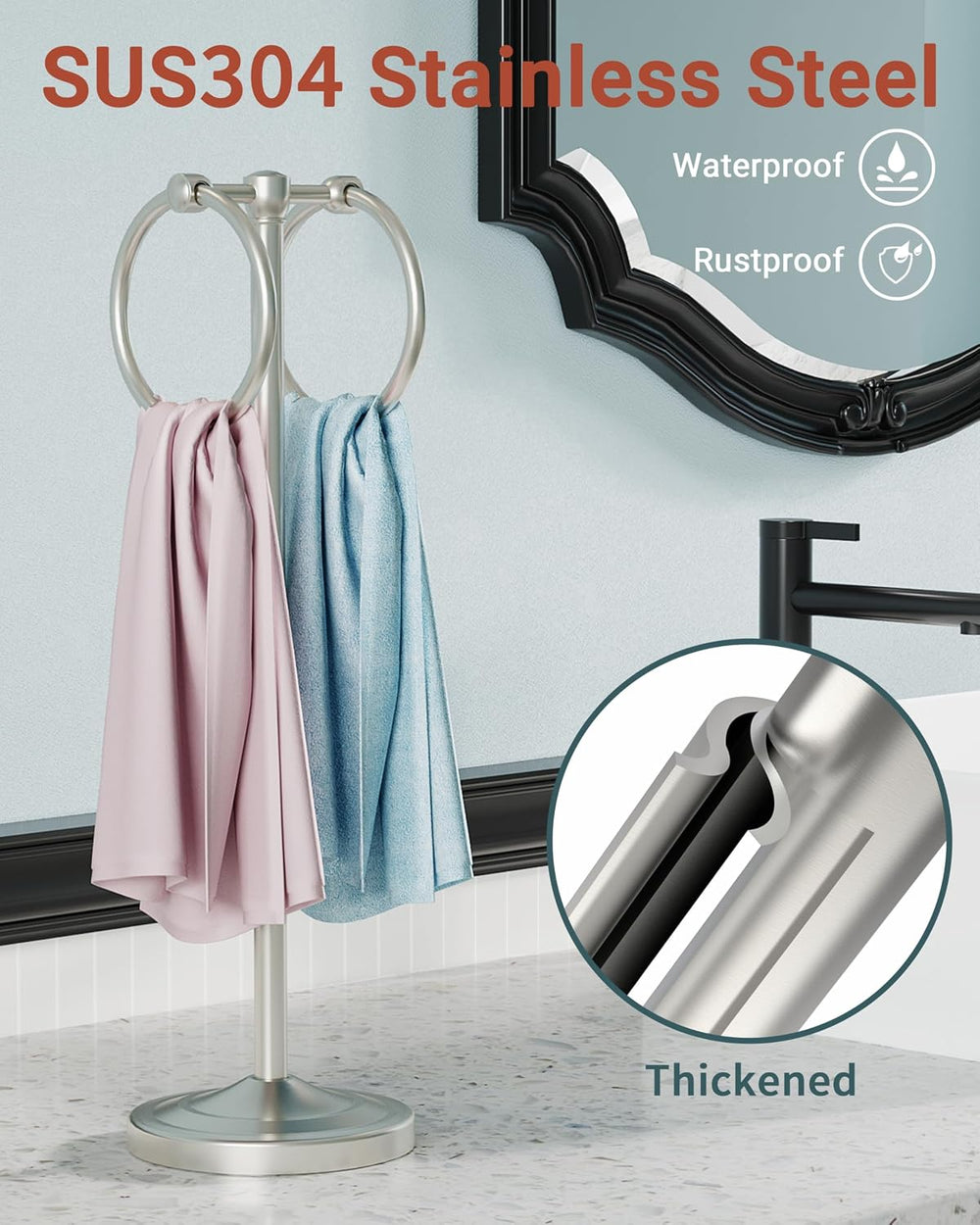 18" Hand Towel Holder Stand with Double Ring, Brushed Nickel