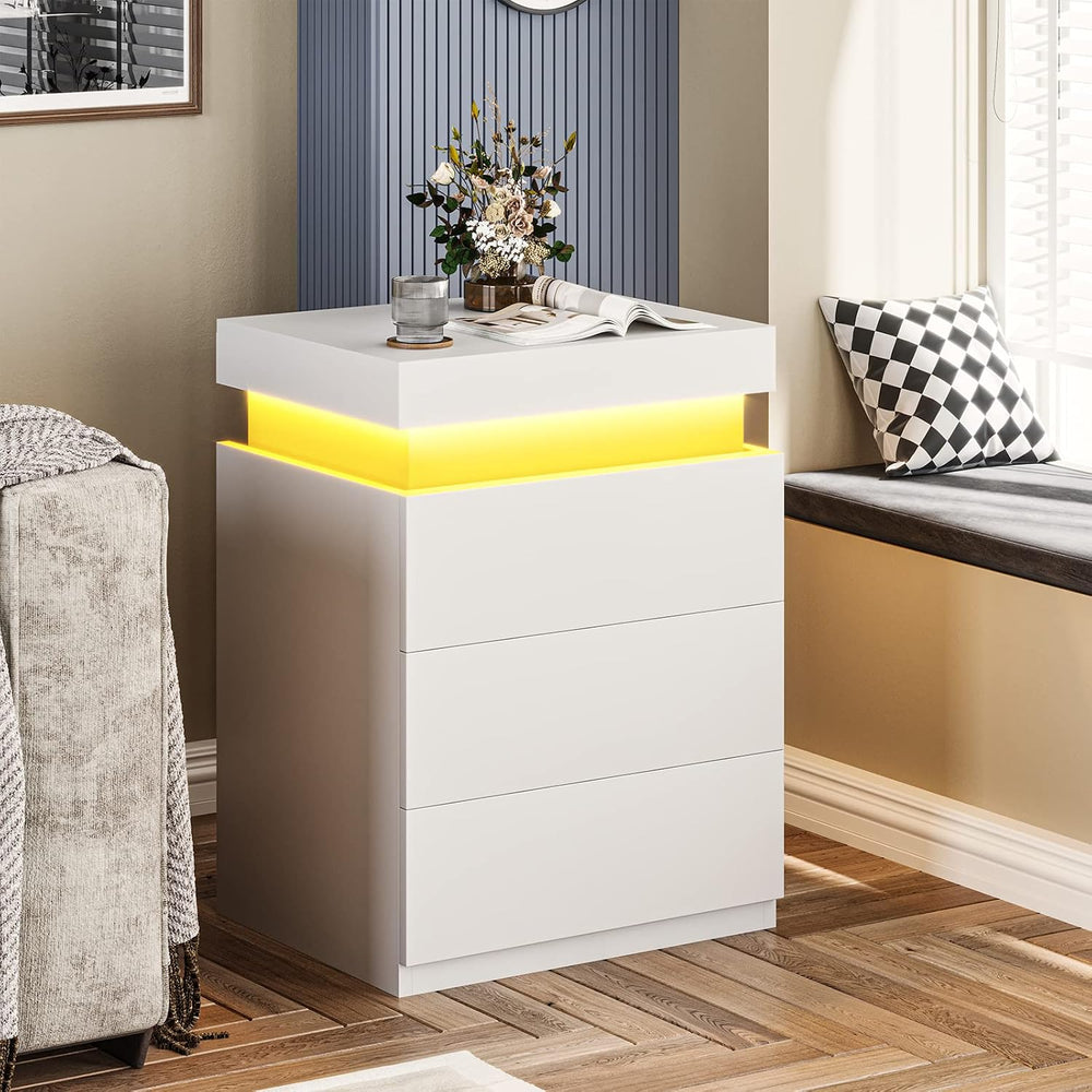 ADORNEVE White Nightstand with Charging Station and LED Lights
