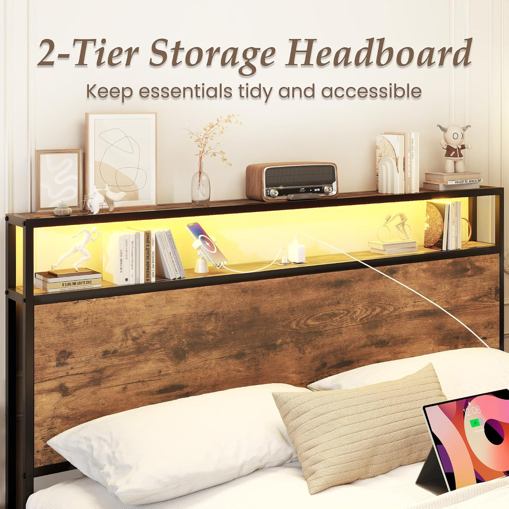 Full Bed Frame with Charging Station, LED Lights, 2 Drawers, Rustic Brown