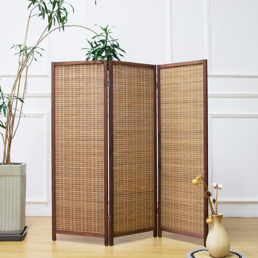 Furnnylane 3 Panel Short Room Divider Screen,Brown Freestanding Partition,Small Bamboo Panel Divider for Room Seperation,3.95 FT Tall