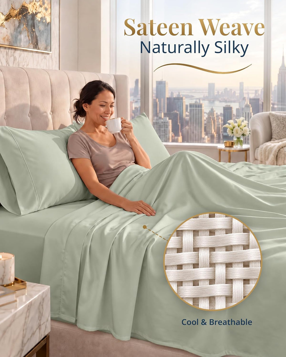 LANE LINEN Bed Sheets Queen Size 100% Egyptian Cotton Sateen - Mineral