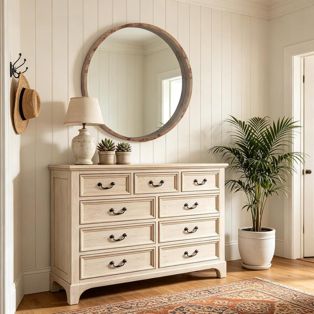 WallBeyond 28 Inch Round Wood Mirror, Burlwood Grain Wood Frame Circle Mirror...