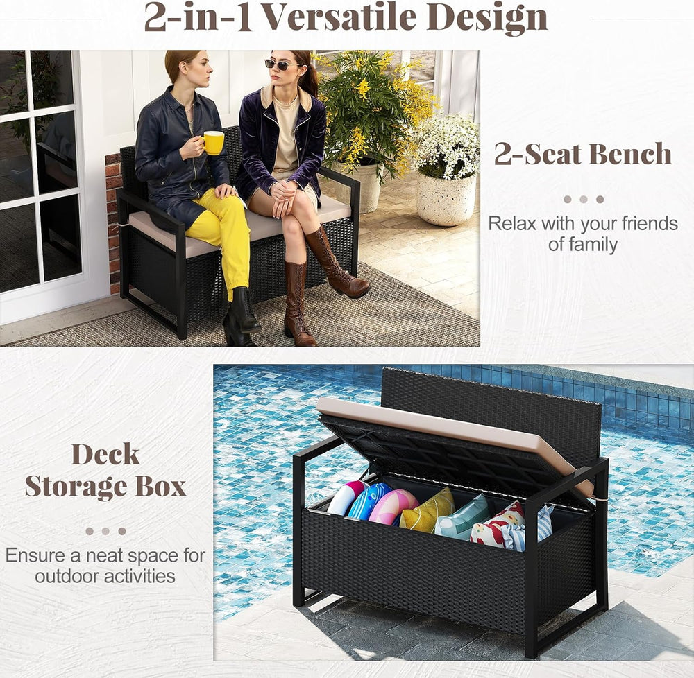 Tangkula 40 Gallon Rattan Outdoor Bench with Storage & Cushions
