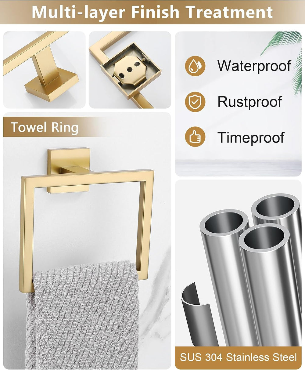 Brushed Gold Bathroom Accessories, Toilet Paper Holder, Towel Ring & Hooks