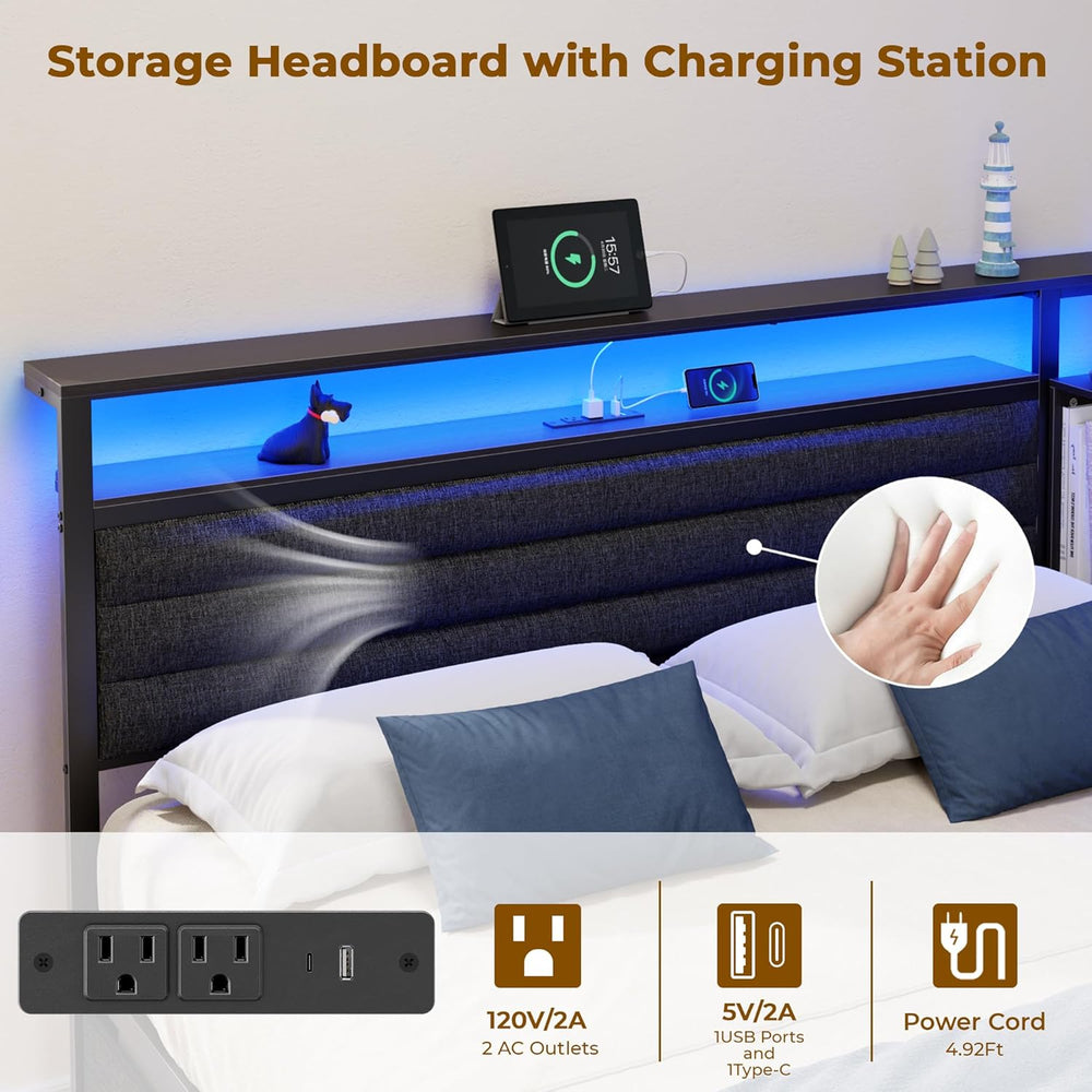 OURPIC Full Corner Bed Frame with 3 Storage Drawers, LED Lights & Charging