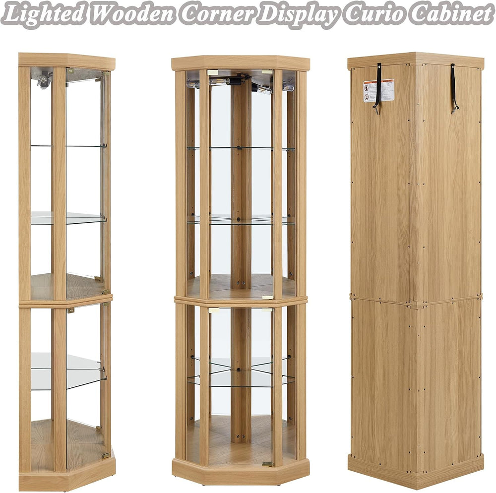 69" H Corner Curio Cabinet with Light, Corner Glass Display Showcase wit...