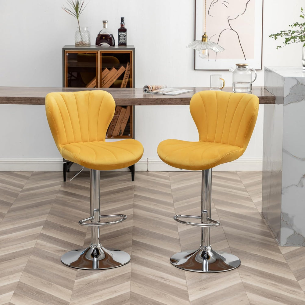 Roundhill Furniture Ellston Velvet Adjustable Swivel Barstools in Yellow, Set...