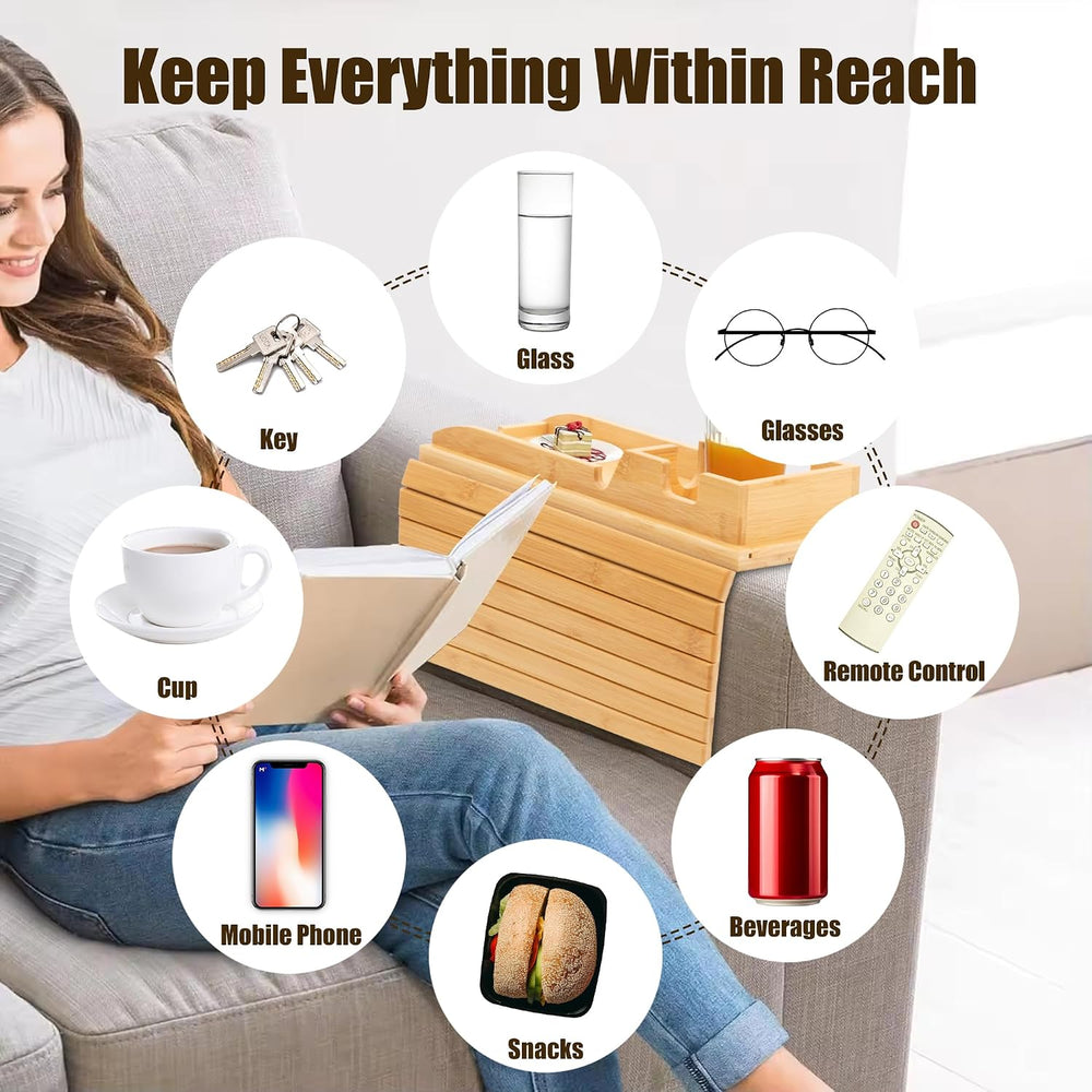 2 Pack Bamboo Couch Cup Holder, Foldable and Anti-Slip Sofa Arm Table with De...
