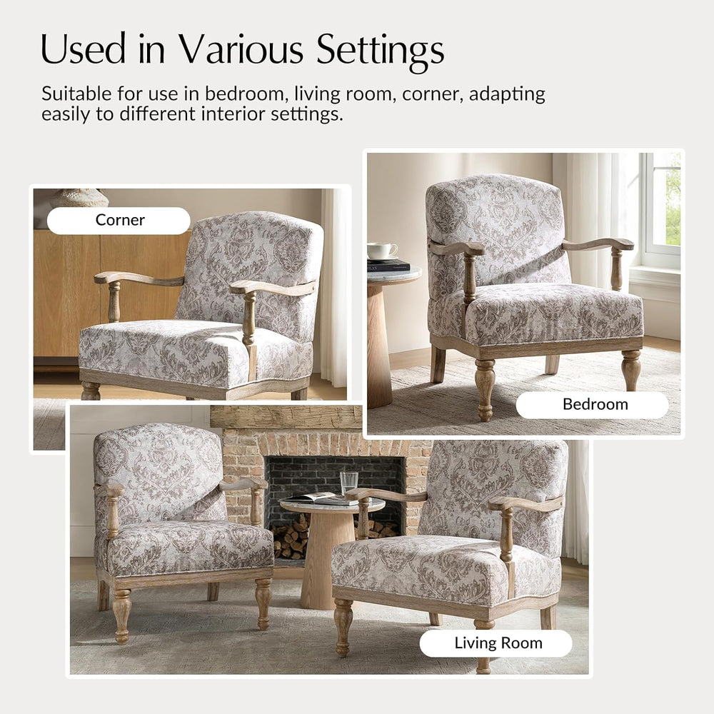 HULALA HOME Floral Accent Chair with Solid Wood Frame, Beige