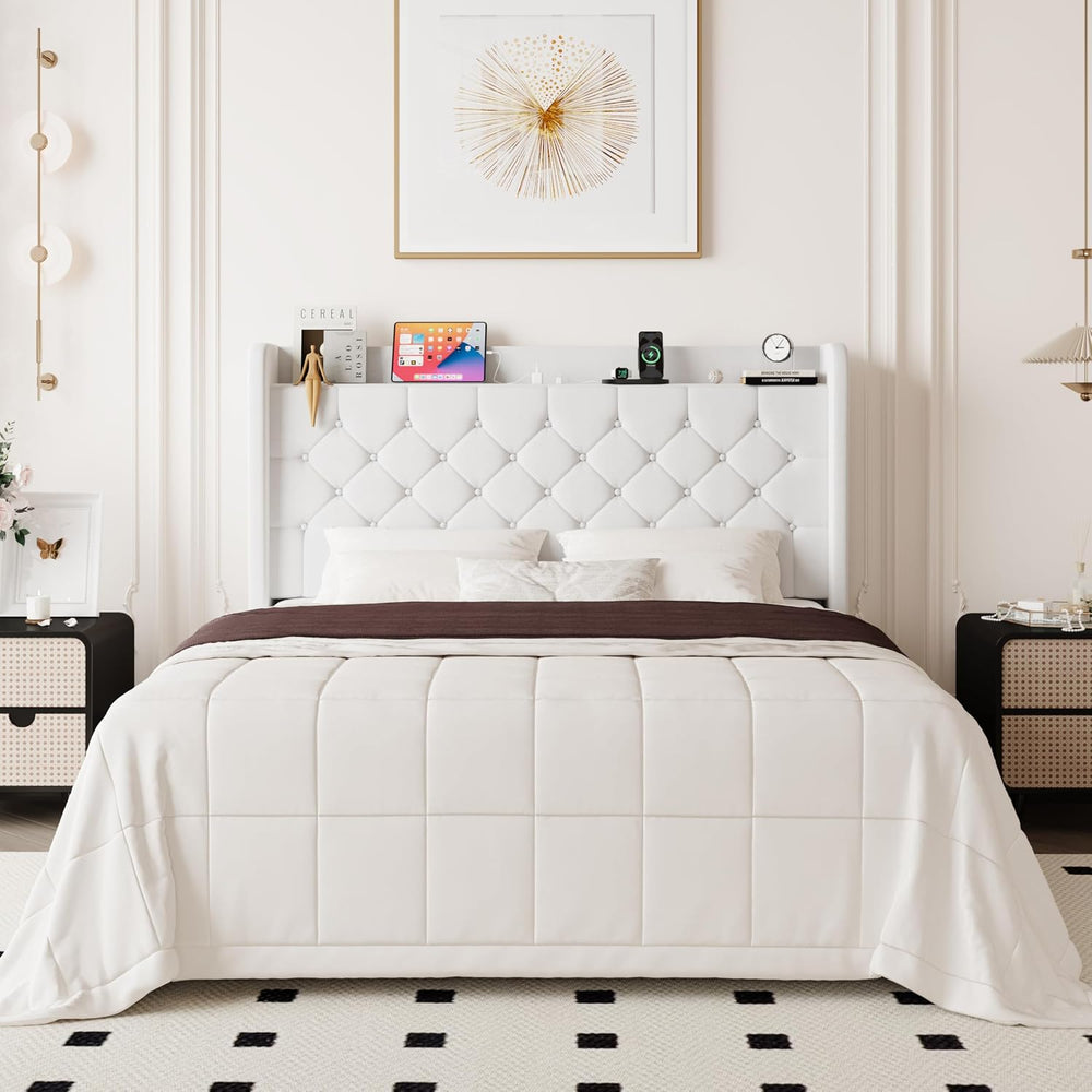 Allewie Queen Bed Frame, Storage Headboard & Charging Station, White