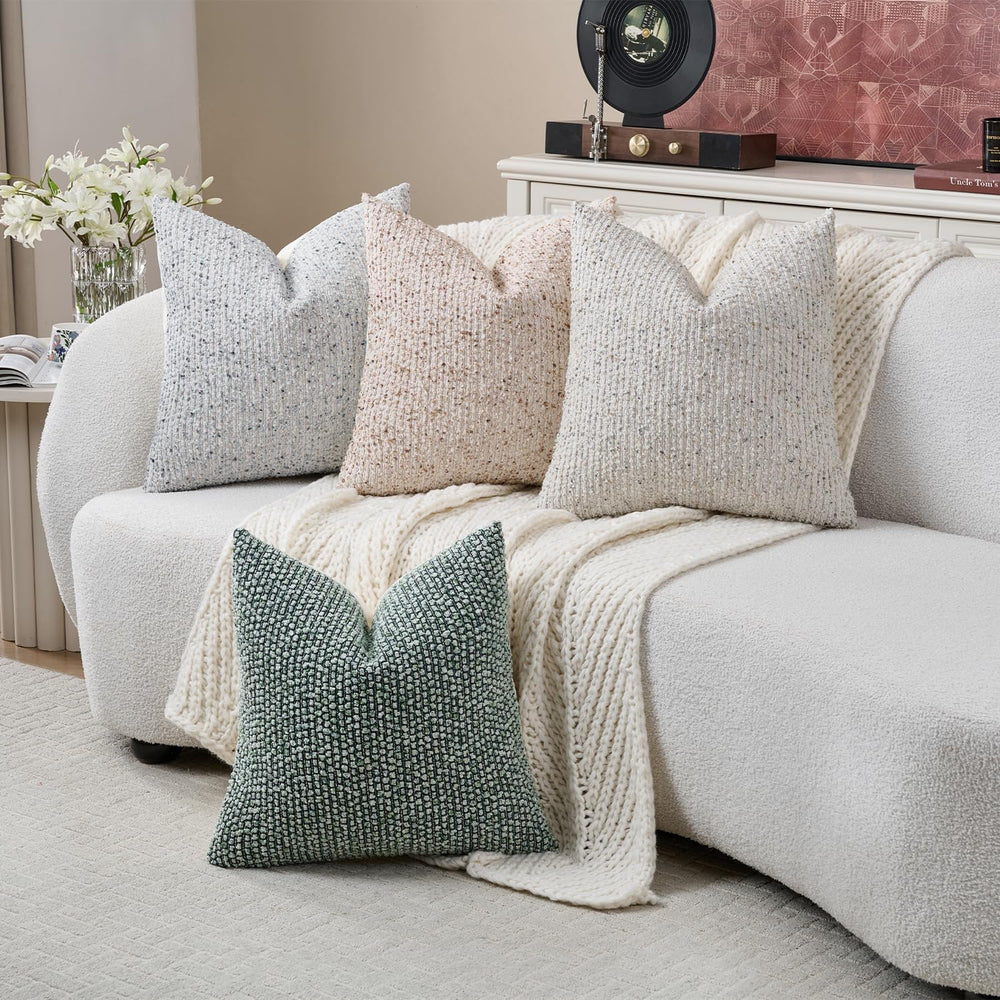 DEZENE Striped Throw Pillow Covers 18x18 Set of 2 Cream Grey Textured Boucle ...