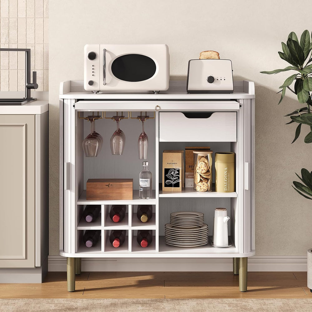 ONBRILL Fluted Bar Cabinet with Storgae, Wine Cabinet, 33" H, White