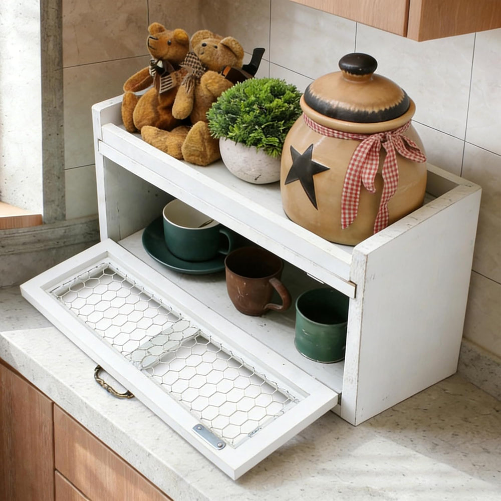 Farmhouse Countertop Storage Organizer, Rustic Wood Kitchen Cabinet with Chic...