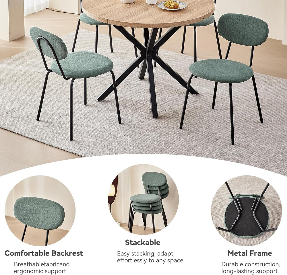 Set of 8 Stackable Dining Chairs with Sage Green Fabric Cushions
