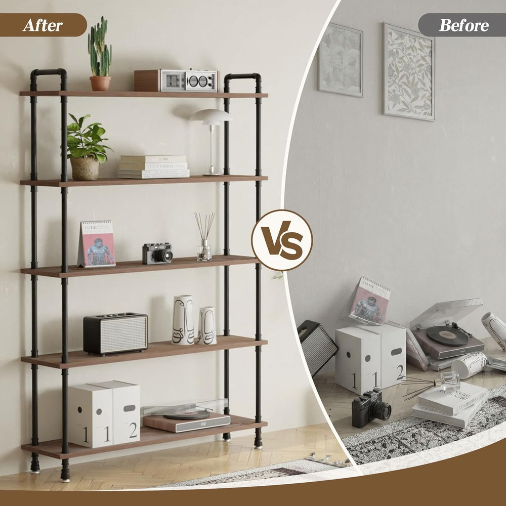 Industrial Bookshelf, Pipe Shelf Bookcase, 5 Tier, 48" Weathered Brown