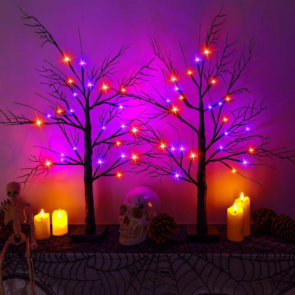 2Pack 24 Inch Halloween Spooky Tree with Lights, Lighted Tabletop Black Tree with Timer, Indoor Halloween Decorations for Home
