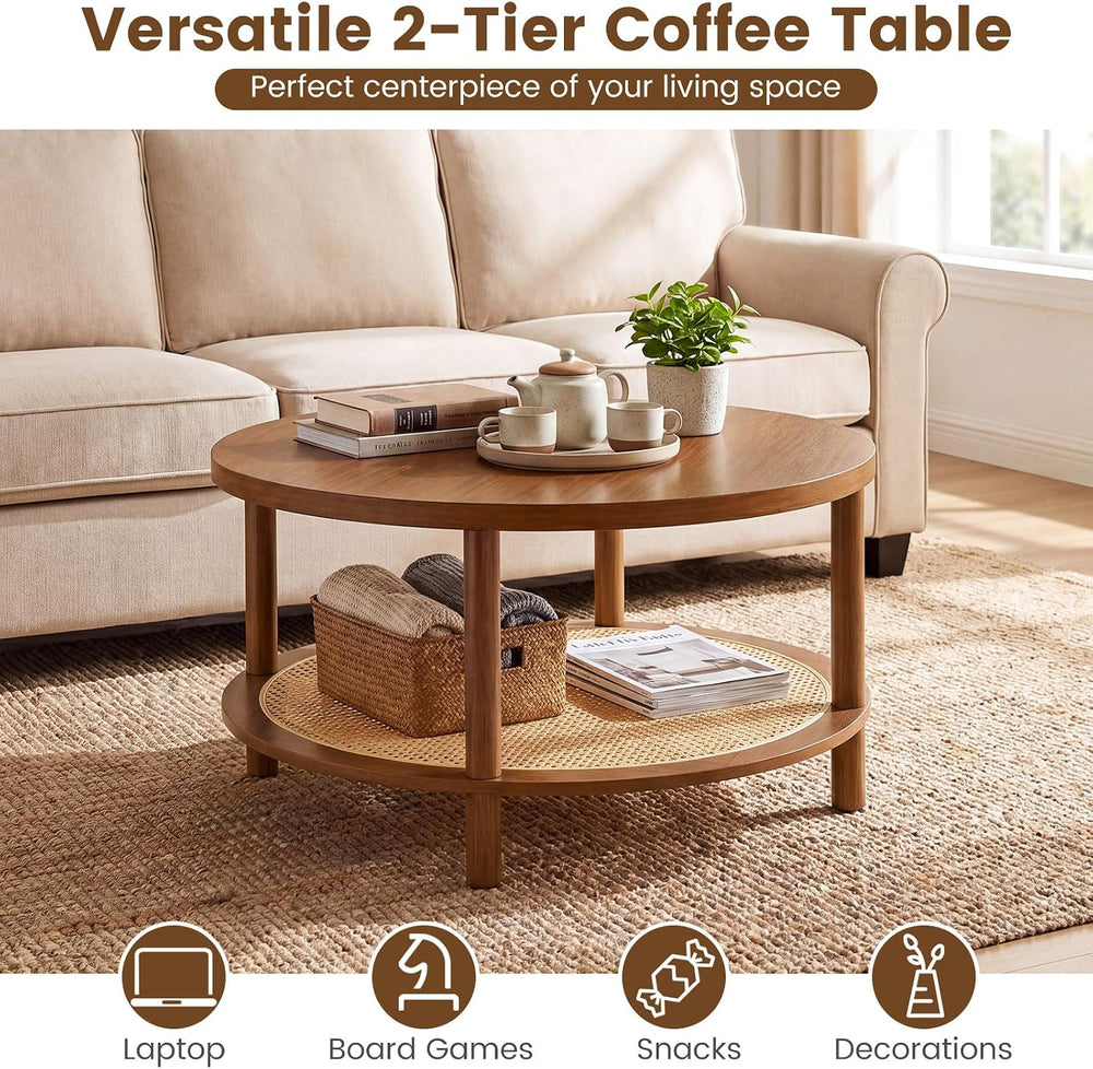 GIANTEX Rattan Coffee Table, 31.5" Round Center Table with Storage &...