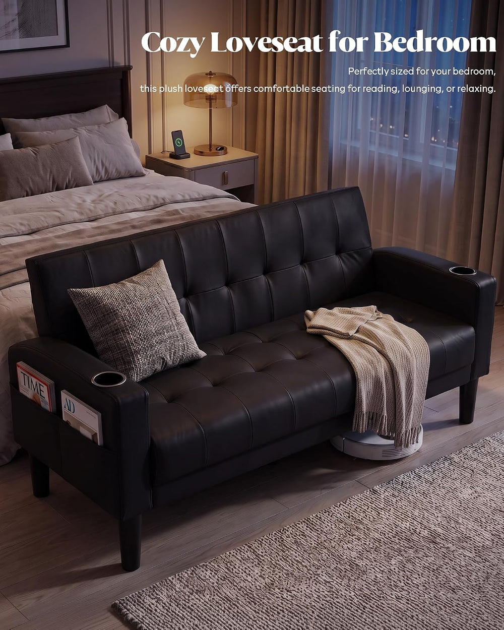 3 Piece Black Faux Leather Mid Century Modern Living Room Sofa Set
