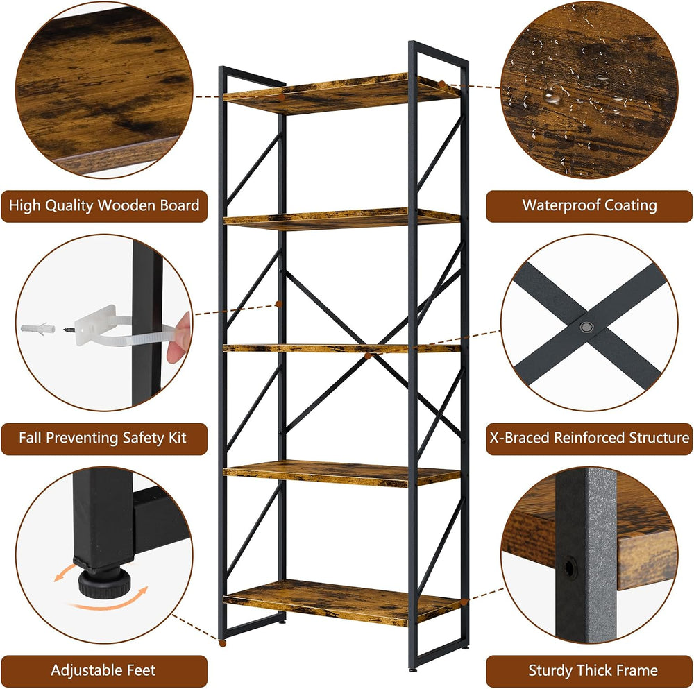 Shintenchi 2 Pieces 5 Tiers Bookshelf, Classically Tall Bookcase Shelf, Indus...