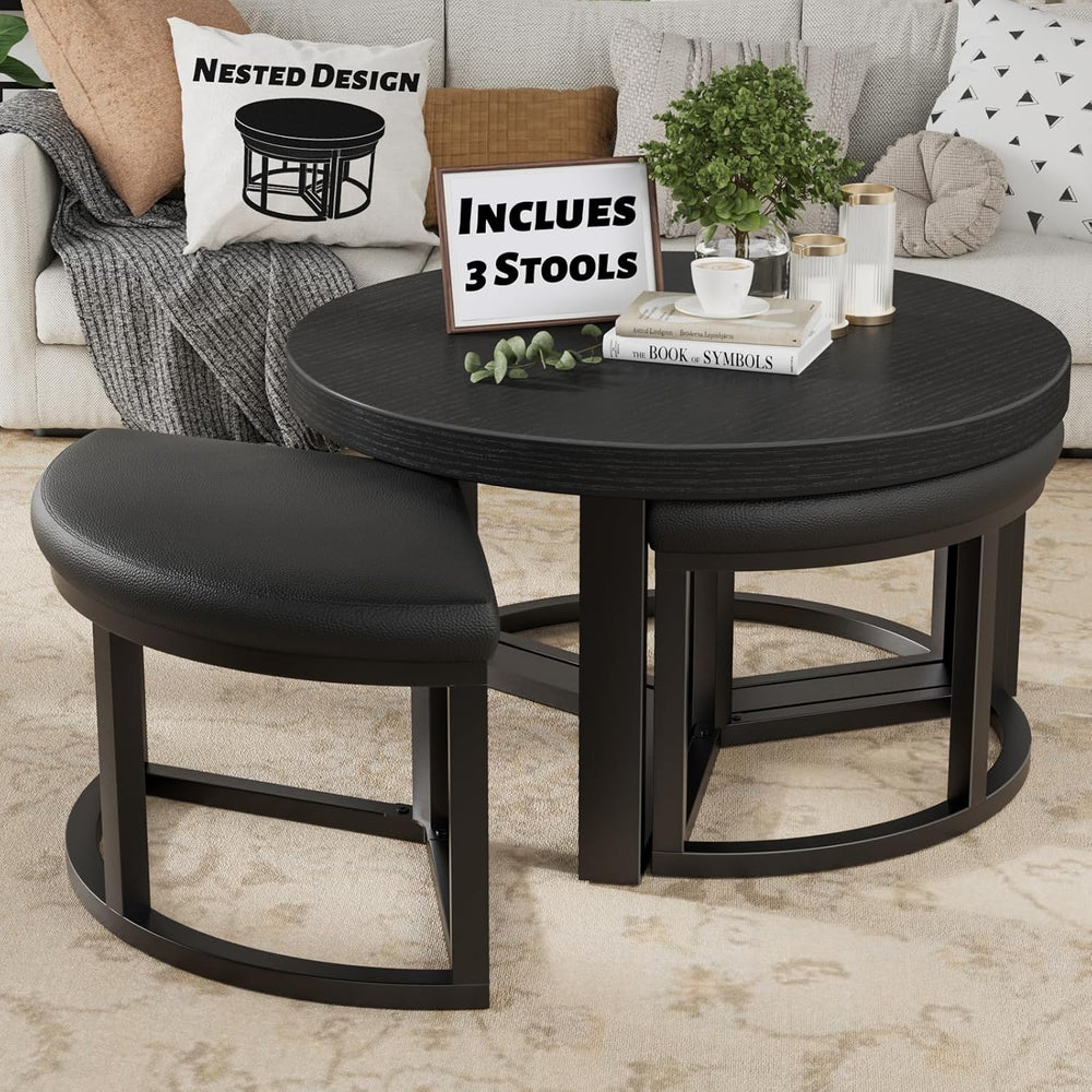 Round Coffee Table with Stools Underneath - 30 Inch Small Modern Tables Set w...