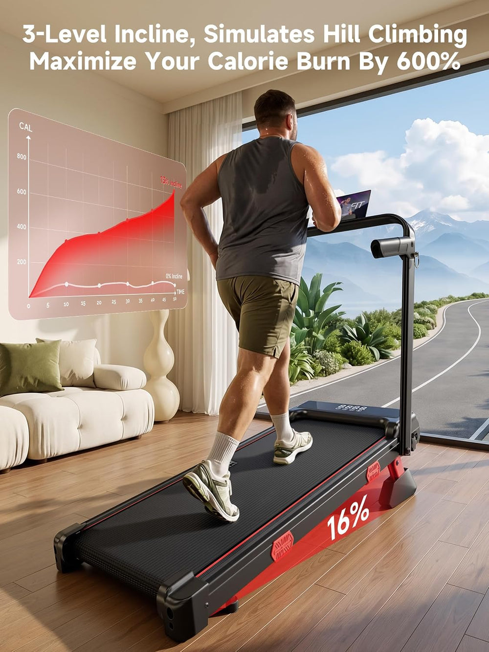 RHYTHM FUN 16% Incline Walking Pad Treadmill with Handles, 6.2MPH, Foldable