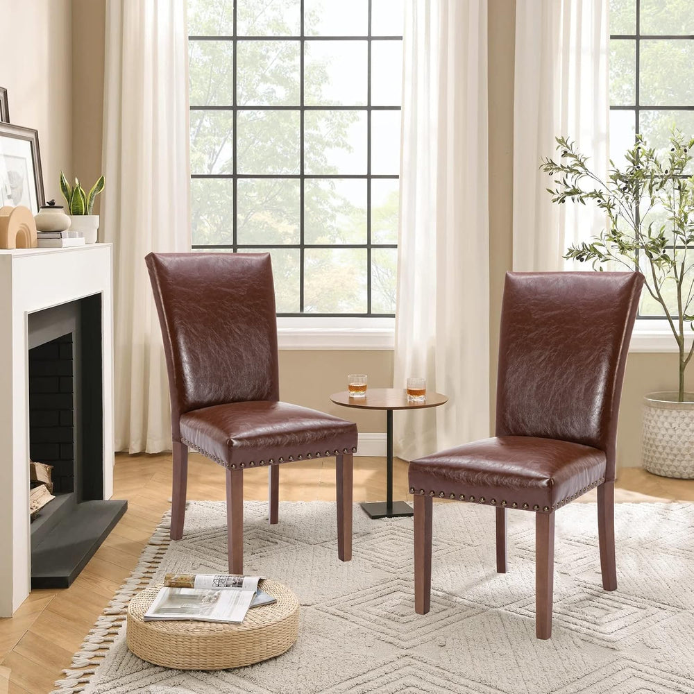 Parsons Dining Chairs Set of 6, Upholstered Nailhead PU Leather Dining Room K...