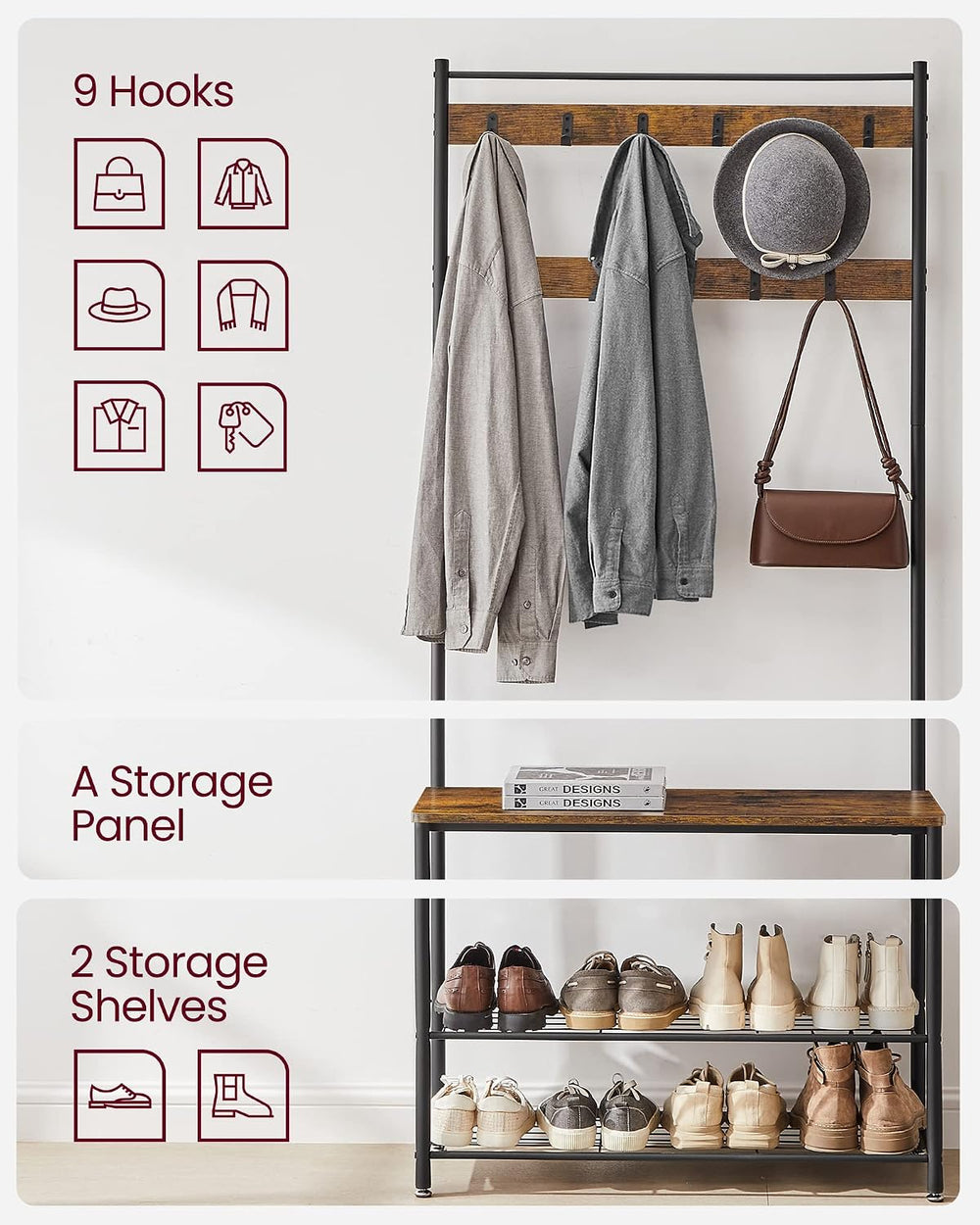 VASAGLE Coat Rack, Hall Tree with Shoe Storage Bench, 3-in-1, Steel Frame