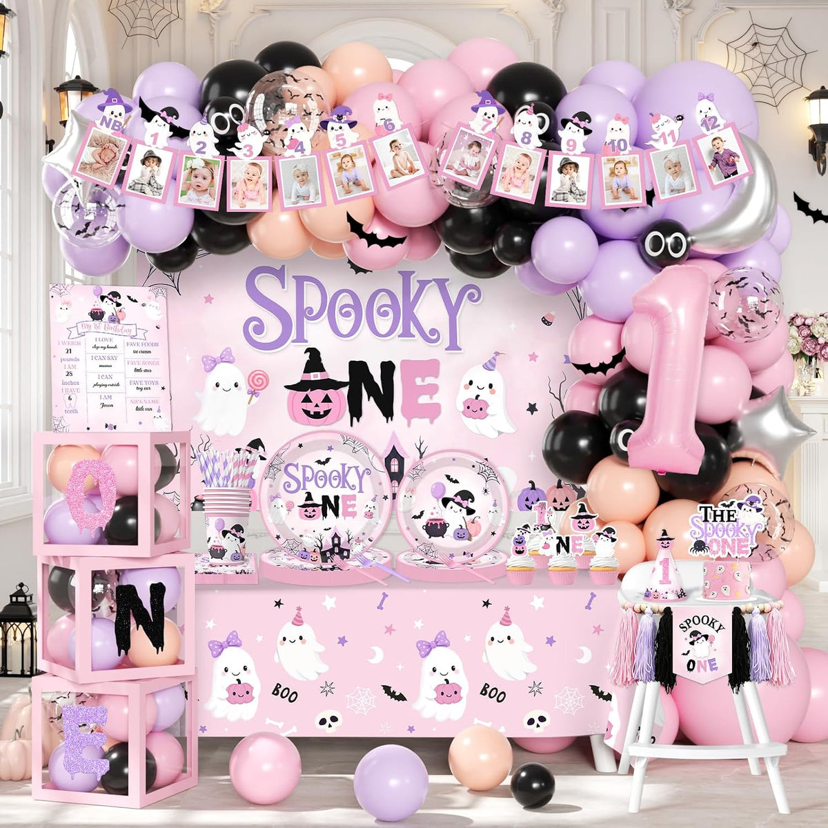 Spooky One Birthday Decorations Girl 274Pcs Pink Halloween 1st Birthday Kit