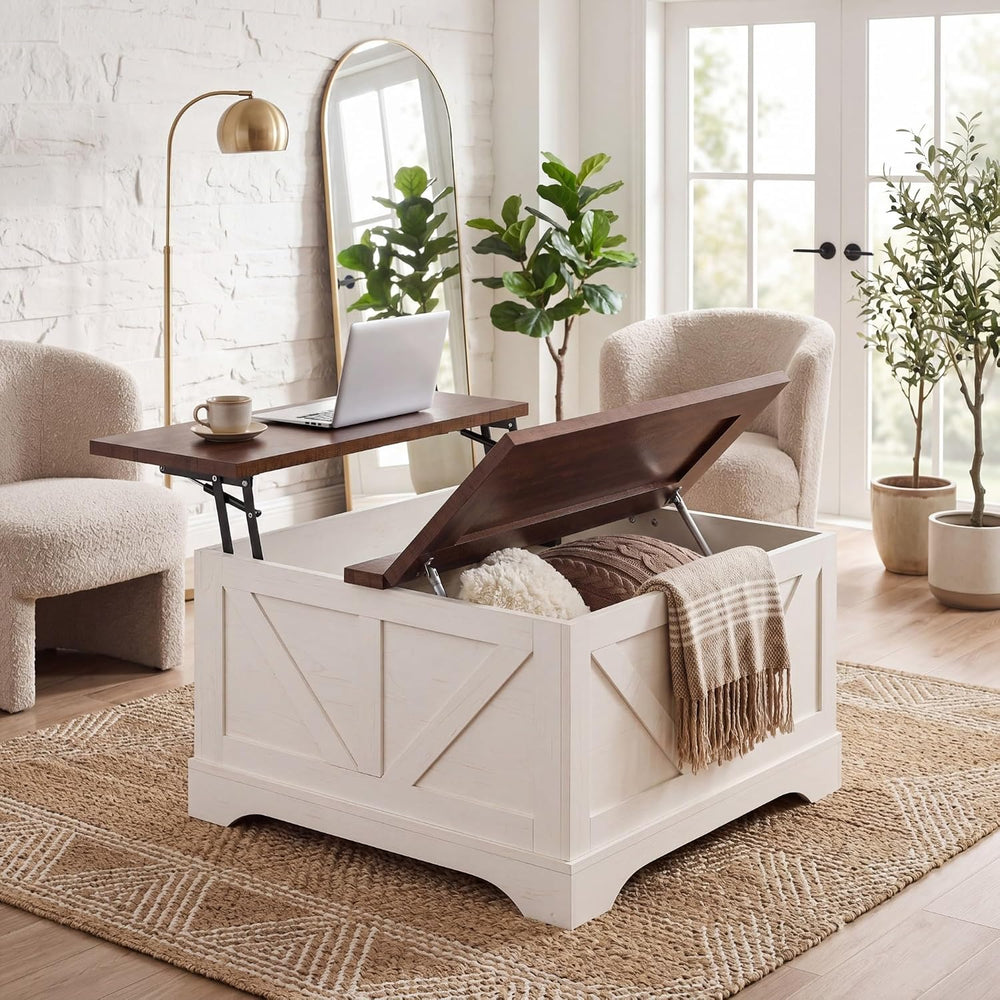 Tangkula Farmhouse Lift Top Coffee Table with Storage, Rustic Brown + White